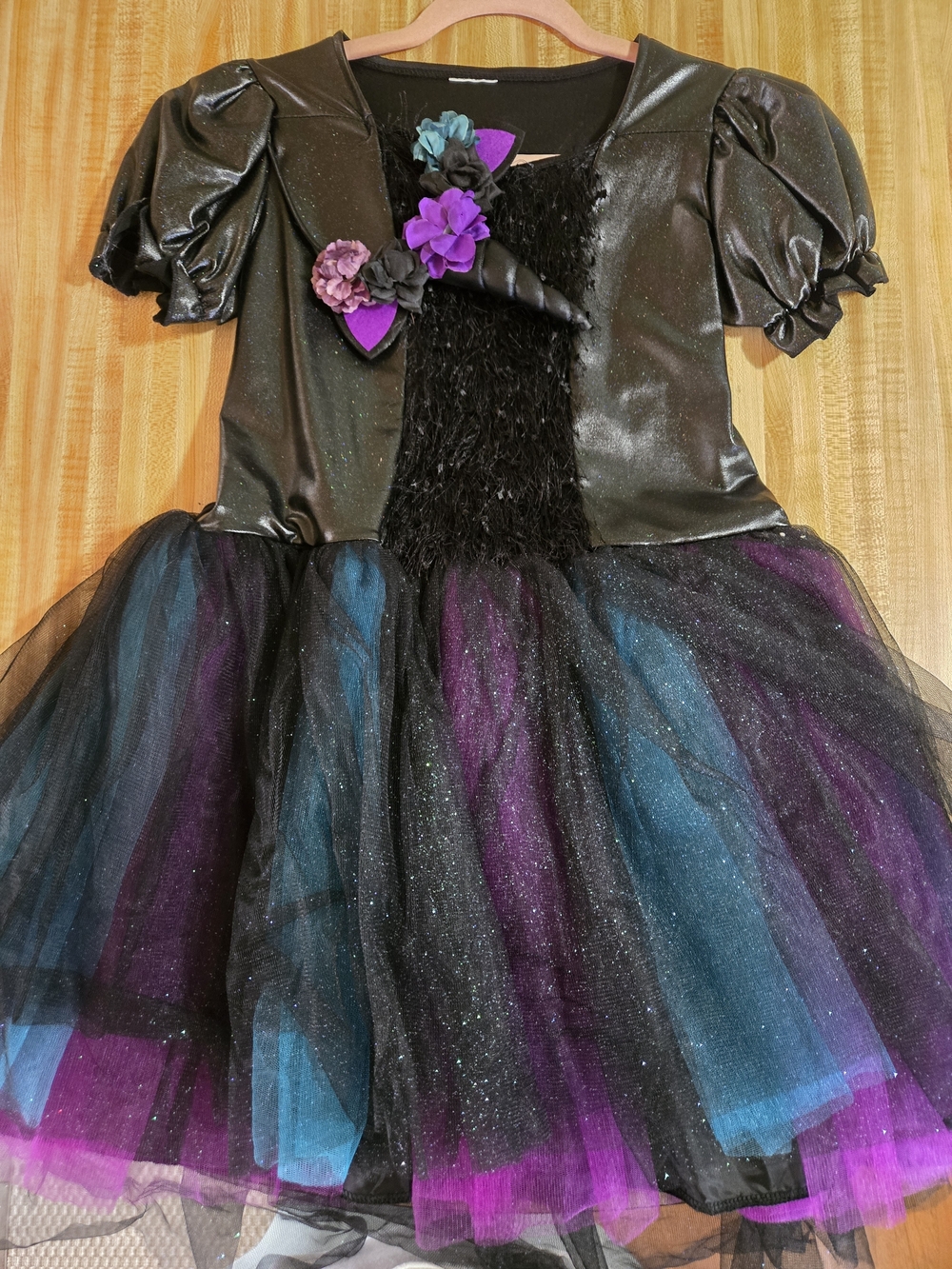 Girls Black Glitter Witch Tutu Costume Dress with Purple & Teal Accents